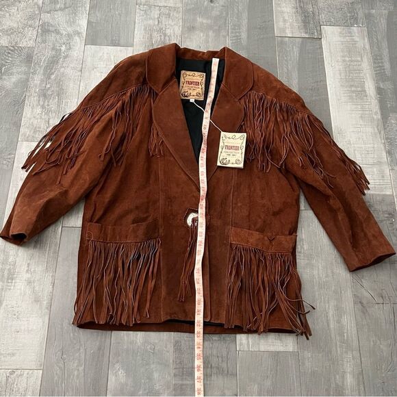 NWT VTG Leather Frontier Collection Western Boho Fringe Concho Brown 80’s Coat L - Picture 11 of 16
